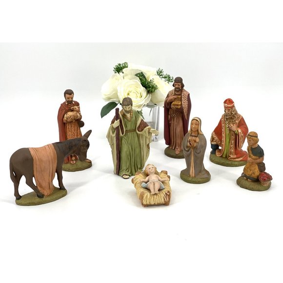 Handmade Ceramic Christmas Nativity Figurine 8 Piece Set Mary Joseph Jesus *SEE* - Picture 1 of 12